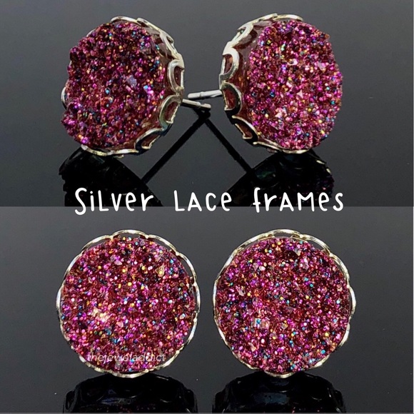 3 for 15🎀magenta glitter faux Druzy silver studs - Picture 9 of 14